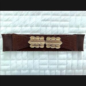 BCBG Stretch Wide Waist Belt, Gold Leaf Detail